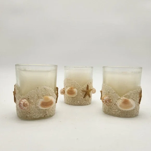 Trio of New Beach Themed Votive Candle Holders With Candles Seashell Sand Decor - Picture 3 of 7
